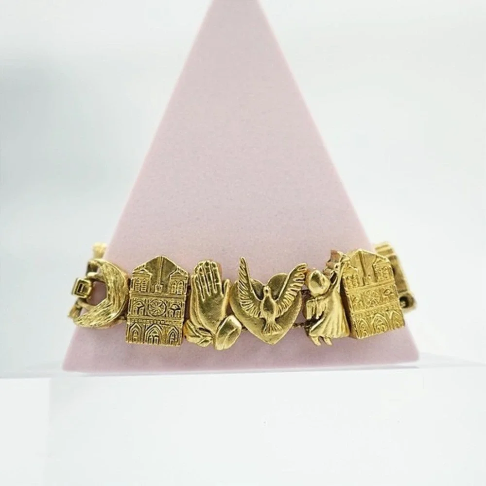 VTG Gold‎ Tone Religious Bracelet Praying Hands Angel Dove Panel Ornate 7